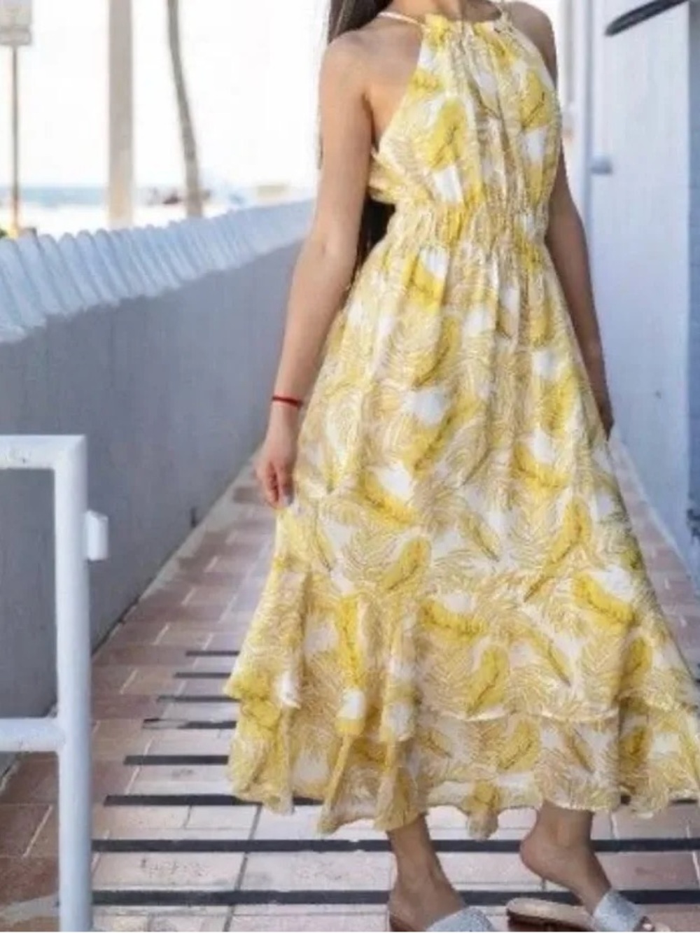 Lush Yellow Leaf-Print Halter Maxi Dress